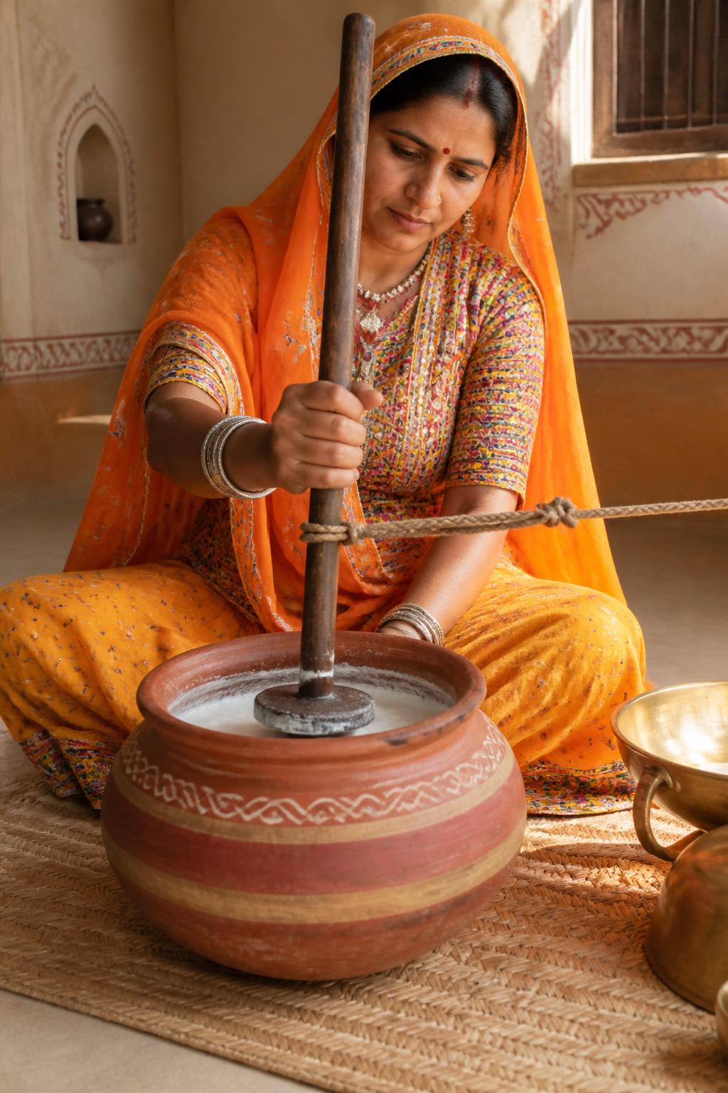 Traditional bilona churning in a clay pot